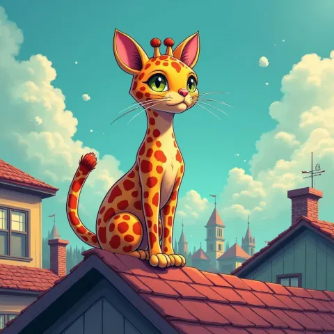 Giraffe Headed Cat Perched on Rooftop