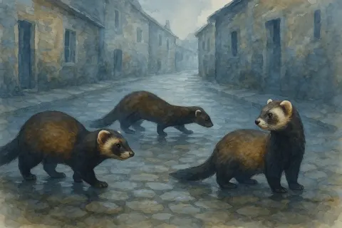 Three Distinct Polecats Navigate Charming Cobblestone Streets