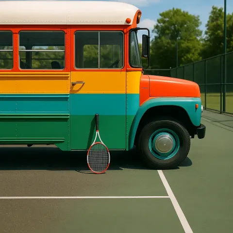 Vibrant Bus Stationed Close to a Tennis Court