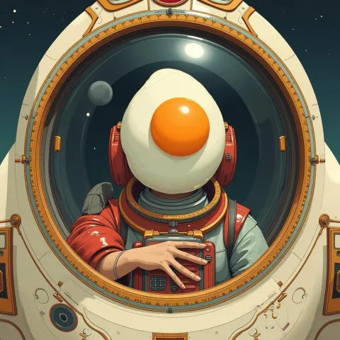 Fried Egg Headed Traveler Aboard Elegant Spaceship