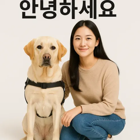 Woman Sitting Beside a Yellow Labrador Wearing a Harness