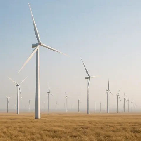 Vast Field of Towering Wind Turbines Stretches Towards a Distant