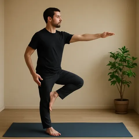 Person Practices a Yoga Pose on a Dark Blue Mat