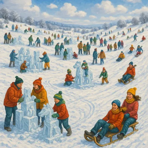 Vast Snowy Landscape Bustling with Activity