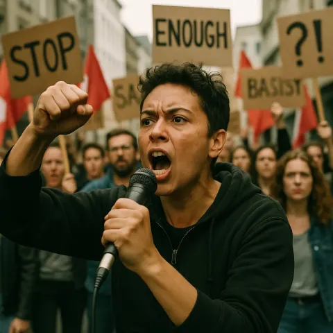 Passionate Speaker Addresses a Crowd Through a Microphone