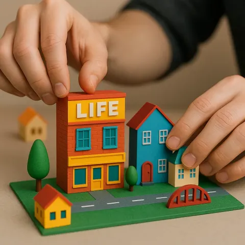 Person Builds and Adjusts a Colorful Miniature Diorama
