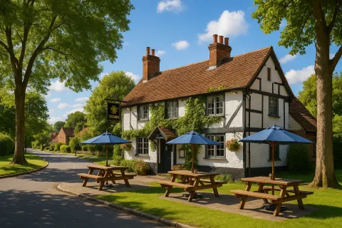 Picturesque Street View Featuring a Traditional English Pub with Outdoor