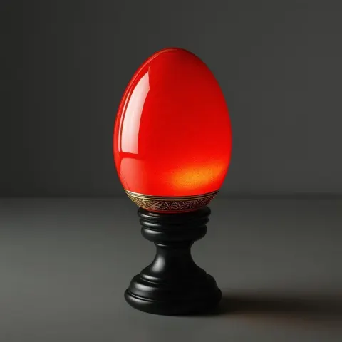 Gold Trimmed Red Egg on Black Pedestal