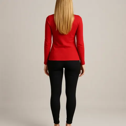 Woman with Long Blonde Hair Wearing a Red Long-sleeved Top
