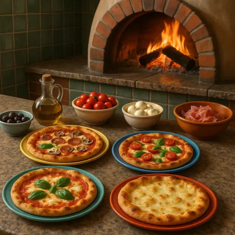 Pizzeria Scene with Freshly Made Pizzas on Colorful Plates