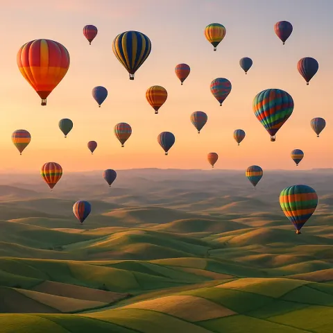 Dozens of Colorful Hot Air Balloons Drift Serenely