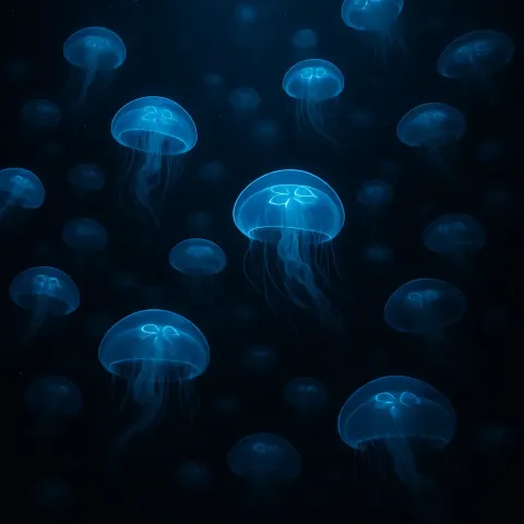 Vast Bloom of Bioluminescent Jellyfish Pulsates Gently in the Inky