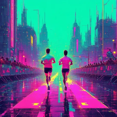 Vaporwave Runners Crossing the Neon Finish Line