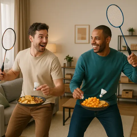 Two People Engaging in a Game of Badminton Inside