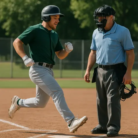 Baseball Player Wearing a Green Jersey Crosses Home Plate