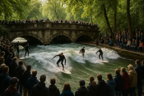 Crowd Watches as Surfers Ride Artificial Waves in a River