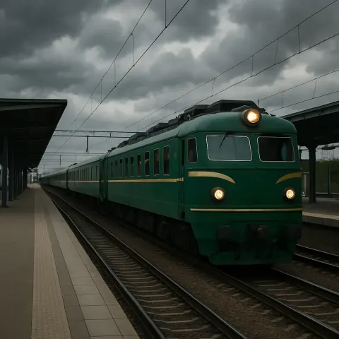 Green Passenger Train Is Arriving at a Platform