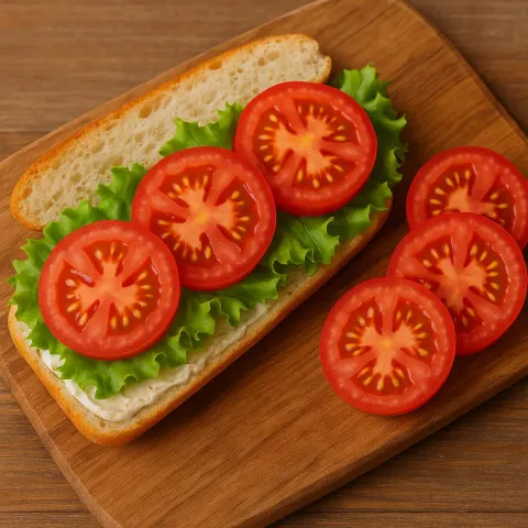 Partially Assembled Sandwich on a Wooden Board