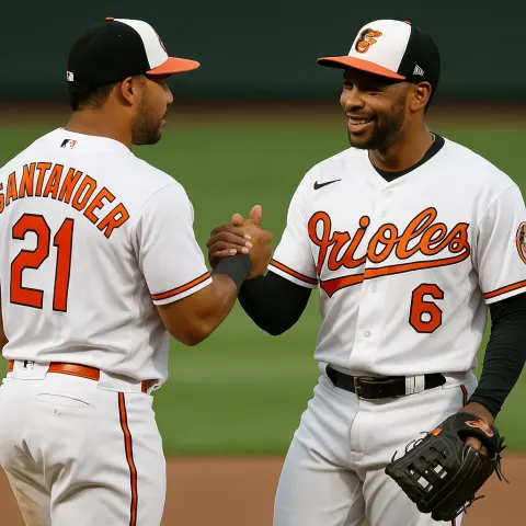 Two Baltimore Orioles Baseball Players Interact on the Field