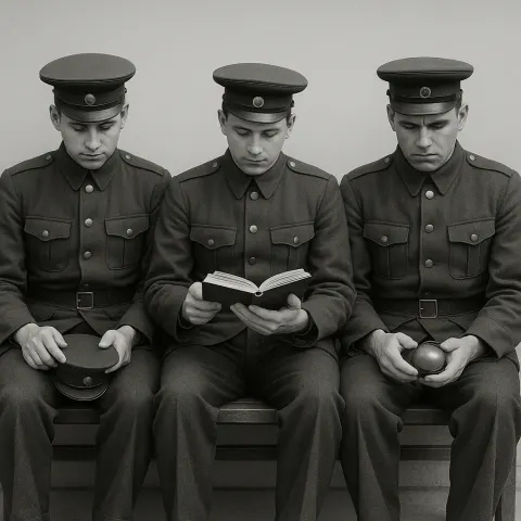 Three Uniformed Individuals Sit on a Bench