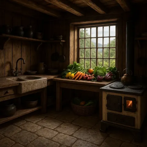 Rustic Wooden Kitchen with Stone Floors