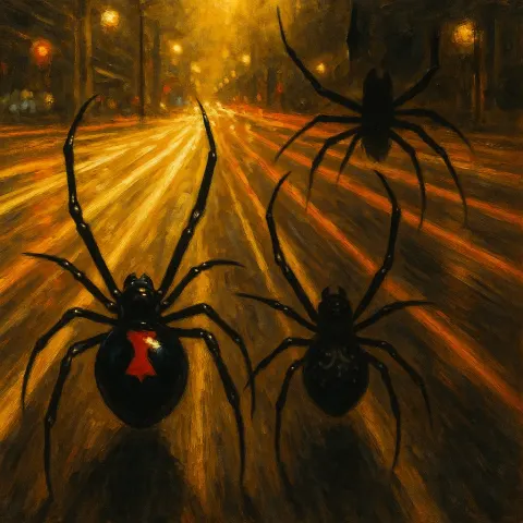 Three Black Widow Spiders—the First Distinguished by its Highly Glossy