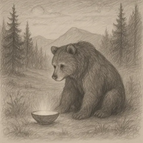 Sketch of a Tranquil Mountain Glade Where a Bear Gazes