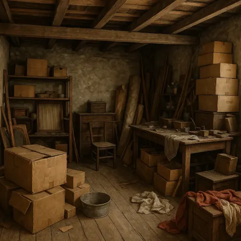 Cluttered Workshop or Storage Room with Visible Wooden Ceiling Beams