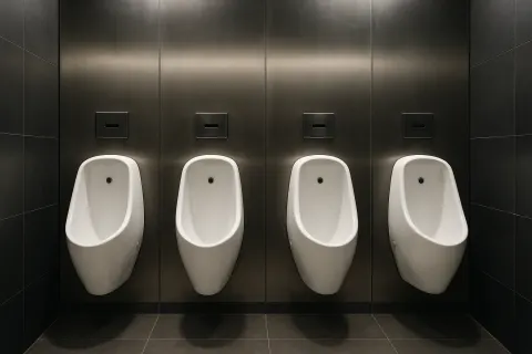 Row of Four Modern Wall-mounted Urinals in a Restroom