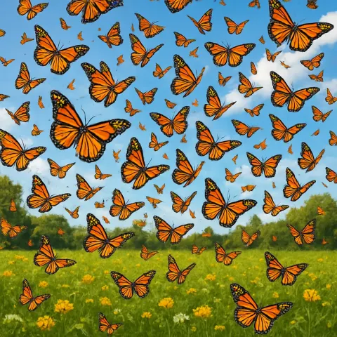 Lively Group of Monarch Butterflies Gliding over a Verdant Field
