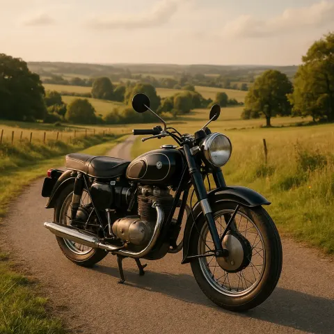 Depiction of a Classic Motorbike Resting on a Picturesque Rural