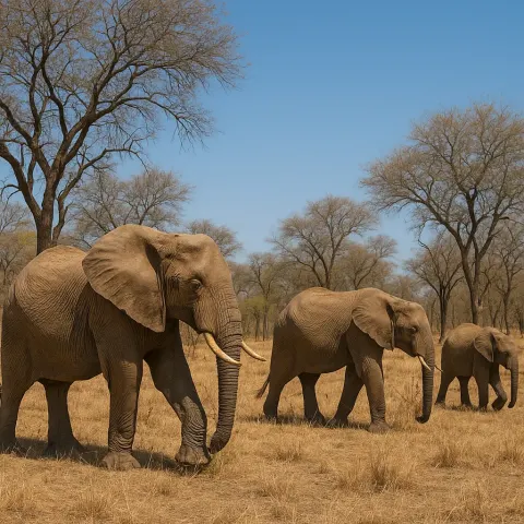 Three Elephants Walking and Grazing in a Dry