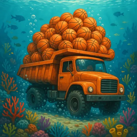 Underwater Scene Featuring a Dump Truck Full of Basketballs