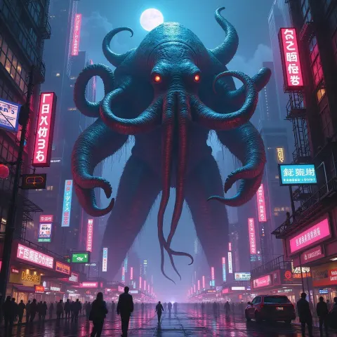 Cthulhu Rising Over Neonpunk Cityscape
