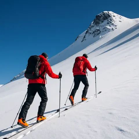 Two Skiers in Red Jackets Ascending a Snowy Mountain Slope