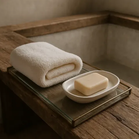 On the Glass Tray Next to the Wooden Bathtub