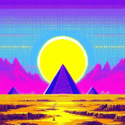 Pixel Yellow Sphere Behind Purple Pyramid