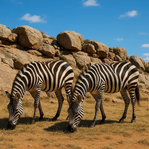 Pair of Zebras Feeding Close to a Rugged Landscape
