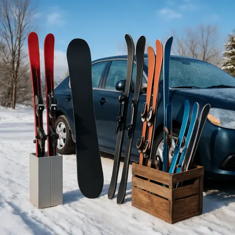 Collection of Skis and a Lone Snowboard Are Positioned