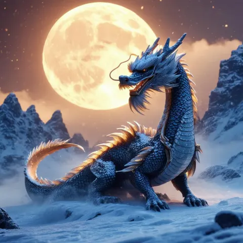 Majestic Dragon in Snow Under Glowing Moon
