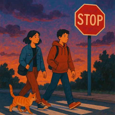 Depict a Scene of Two Individuals Strolling near a Crosswalk