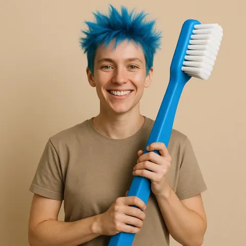 Person with Spiky Blue Hair Holding a Large Blue Toothbrush