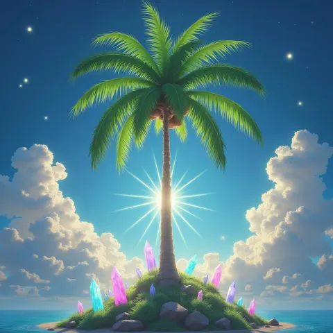 Glowing Palm Tree Among Floating Crystals