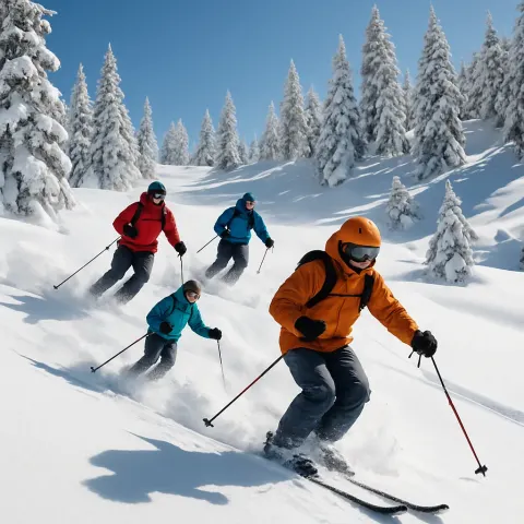 Crowd of Individuals Gliding Down a Snowy Slope Covered