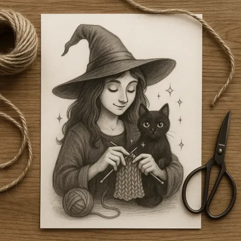 Grayscale Illustration of a Witch Wearing a Hat