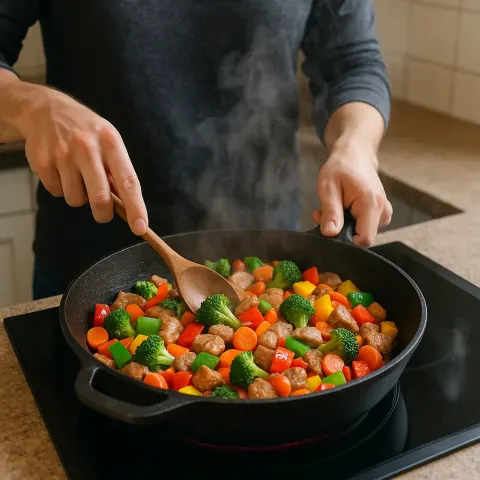 Person Cooking a Colorful Dish of Vegetables and Meat