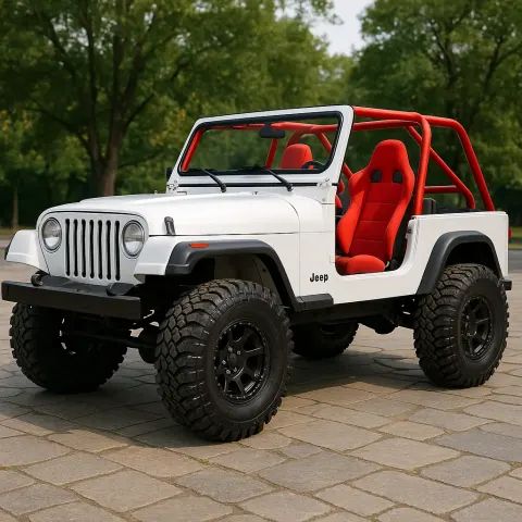 Customized White Jeep with a Red Roll Cage