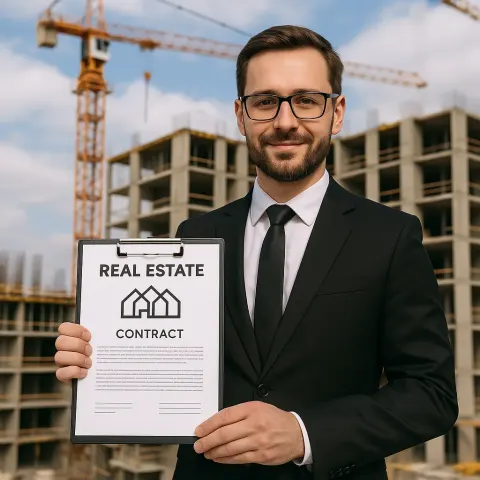 Businessman in a Suit Holds a Clipboard with a "Real