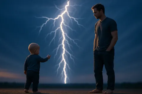 Telephoto Compression Frames a Bald Toddler Beckoning a Barefoot