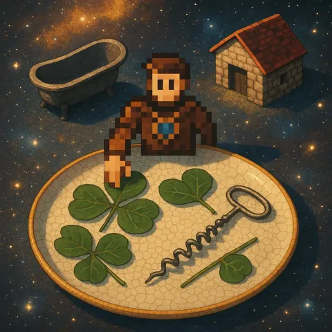 Pixel-art Figure with an Amulet on its Chestplate Arranges Shield-shaped